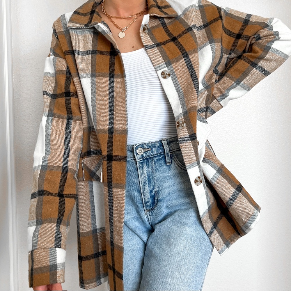 orange and white plaid shacket for fall, autumn, winter trendy women’s fashion - Picture 3 of 10